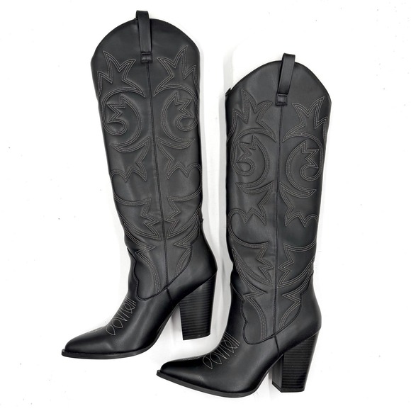 Steve Madden Linconn Boots Black Faux Leather Knee Cowboy Western Heel Sz 8 - Picture 8 of 13